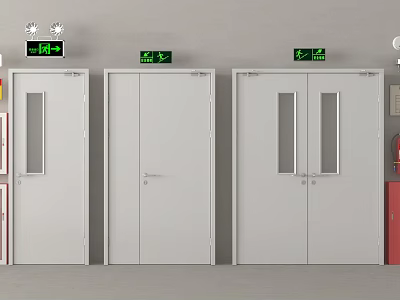 Fire Safety Equipment Featuring White Exit Doors And Emergency Signs 3d model