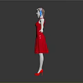 Character In Red Dress Pink Blue Pigtails White Skin Red Shoes Arms Outstretched Gray Background