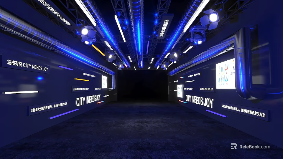 Futuristic CITY WEEKLY Event Venue Interior With Blue Lighting And Large Screens 3d model 