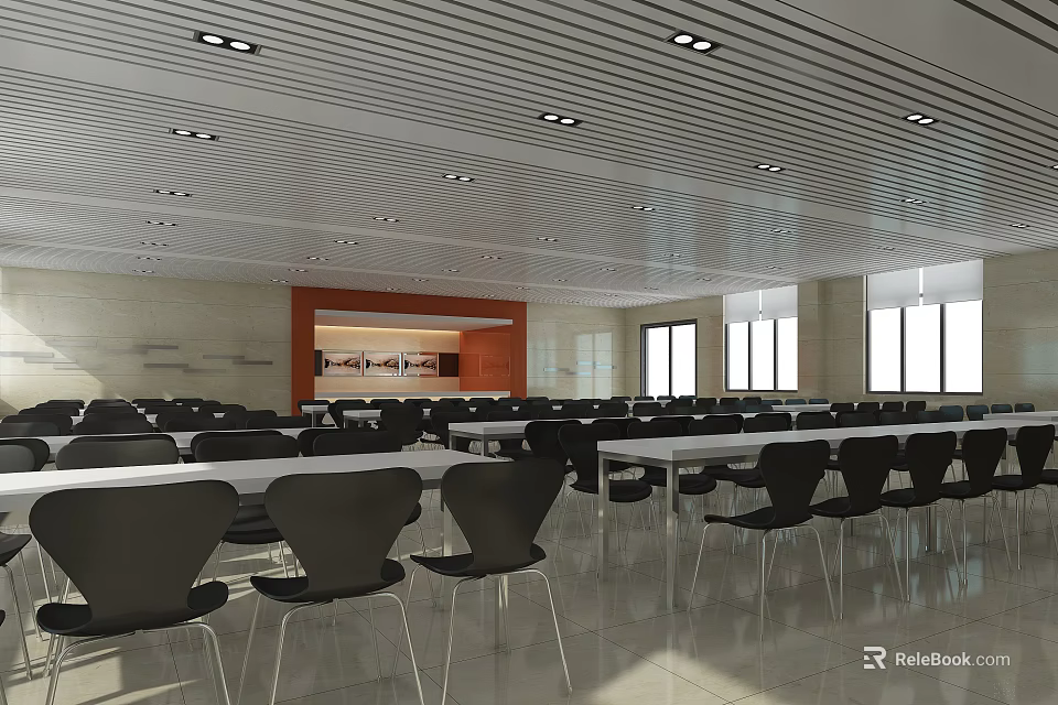 Spacious Modern Conference Room With White Tables Black Chairs And Large Windows 3d model 