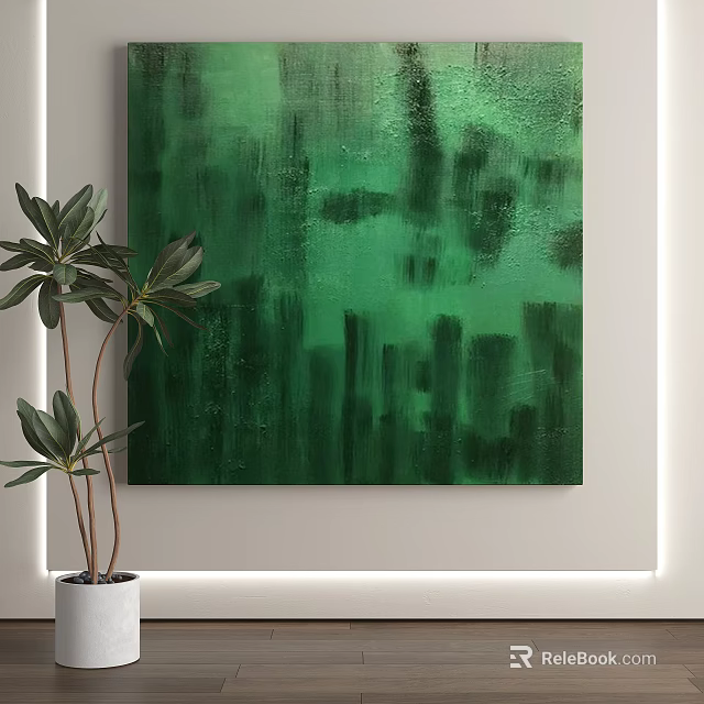 Green Abstract Painting With Plant On Wall 3d model