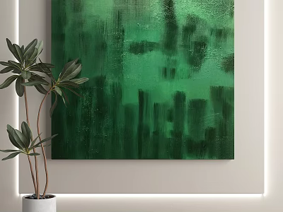 Green Abstract Painting With Plant On Wall 3d model