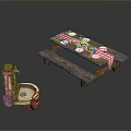 Outdoor Picnic Setup With Wooden Table Bench Stone Sink Tableware And Checkered Tablecloth