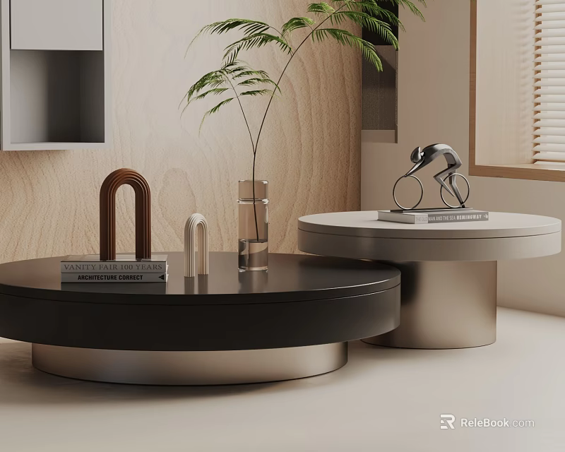 Modern Sofa Coffee Table Set With Black Silver Round Tables Plant Decor And Wooden Wall 3d model 