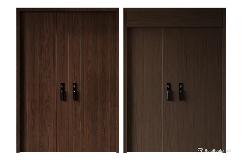 Dark Brown Wooden Double Doors With Black Handles And Natural Wood Texture 3d model 