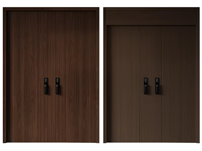 Dark Brown Wooden Double Doors With Black Handles And Natural Wood Texture 3d model