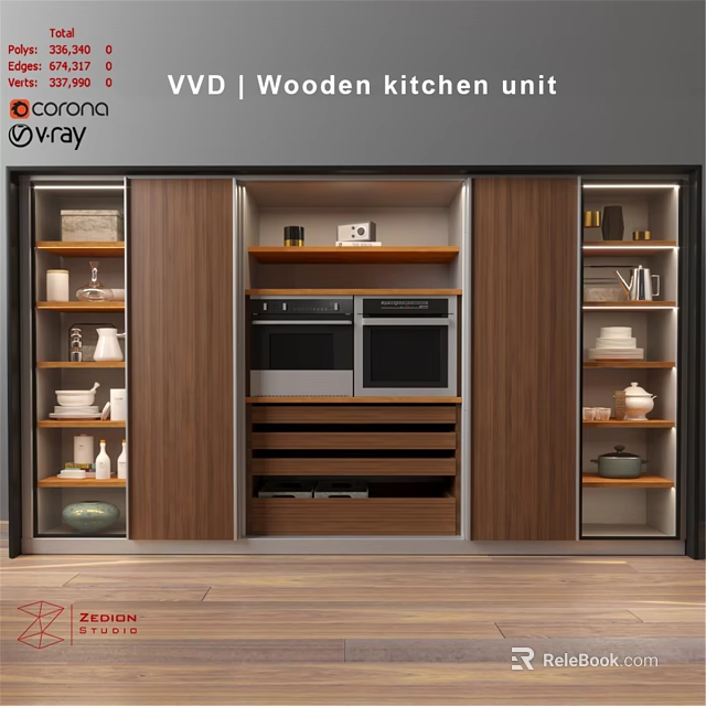 Modern Kitchen Unit With Wooden Cabinets Built in Oven And Storage Shelves 3d model 
