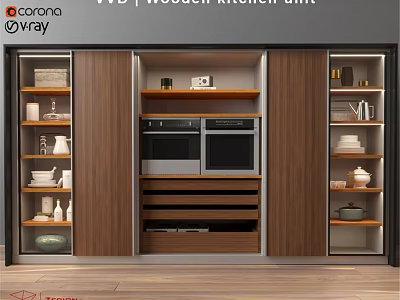 Modern Kitchen Unit With Wooden Cabinets Built in Oven And Storage Shelves 3d model