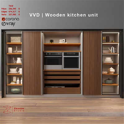 Modern Kitchen Unit With Wooden Cabinets Built in Oven And Storage Shelves 3d model