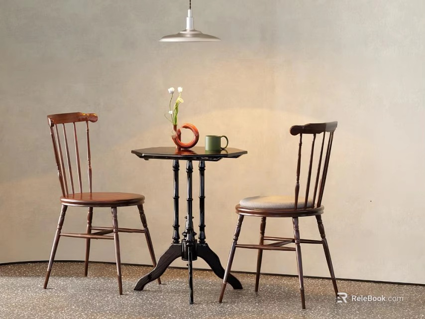 Comfortable Wooden Leisure Chairs With Small Table Vase Cup And Pendant Light Against Light Wall 3d model 