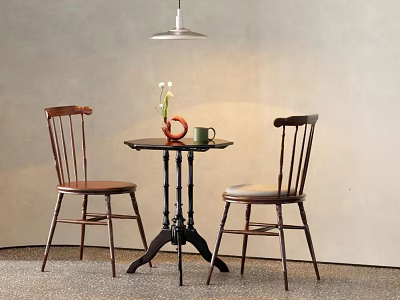 Comfortable Wooden Leisure Chairs With Small Table Vase Cup And Pendant Light Against Light Wall 3d model