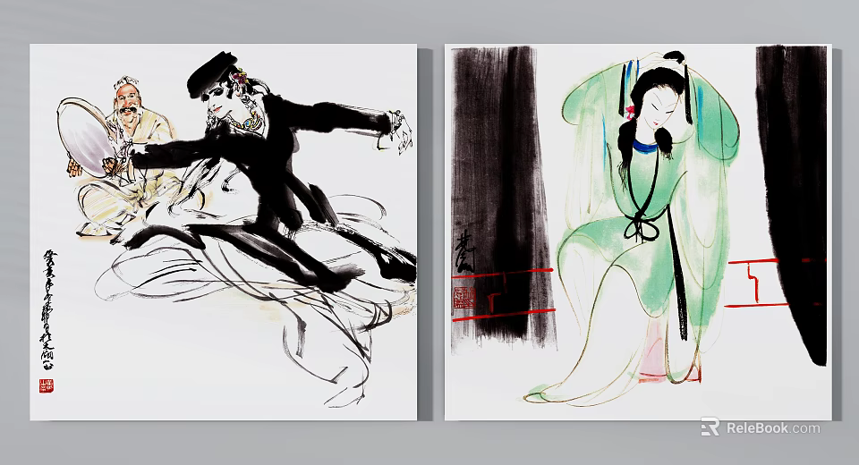 Chinese Traditional Figure Paintings Featuring Dynamic And Elegant Characters In Black White And Color Styles 3d model 