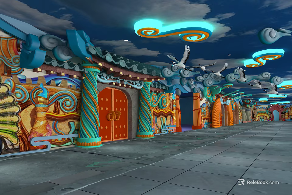 Cartoon Scene With Painted Walls Decorative Columns Red Doors Cloud Shaped Lights And Dove Decorations 3d model 