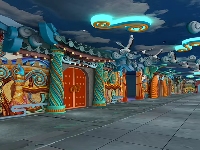 Cartoon Scene With Painted Walls Decorative Columns Red Doors Cloud Shaped Lights And Dove Decorations 3d model