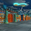 Cartoon Scene With Painted Walls Decorative Columns Red Doors Cloud Shaped Lights And Dove Decorations