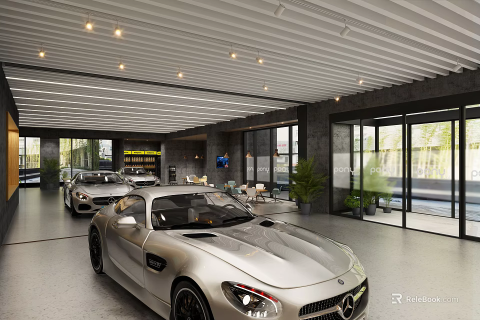 Modern Car Dealership Showroom Displaying Luxury Sports Cars With Bright Lighting And Glass Windows 3d model 
