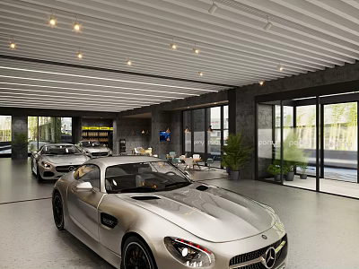 Modern Car Dealership Showroom Displaying Luxury Sports Cars With Bright Lighting And Glass Windows 3d model