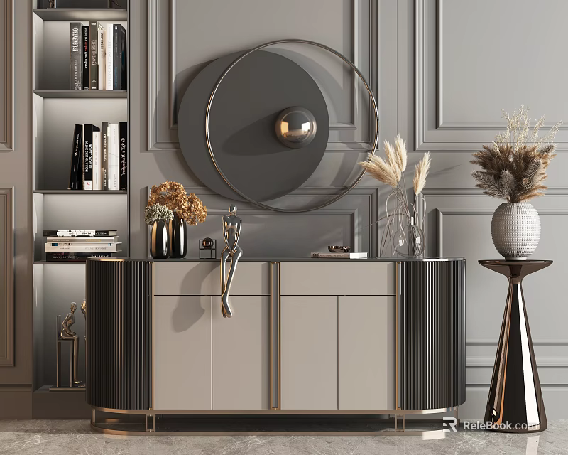 Modern Luxury Entryway And Side Cabinet With Round Mirror Vases Books And Decorations 3d model 