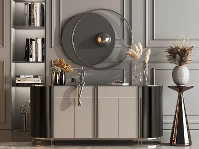 Modern Luxury Entryway And Side Cabinet With Round Mirror Vases Books And Decorations 3d model