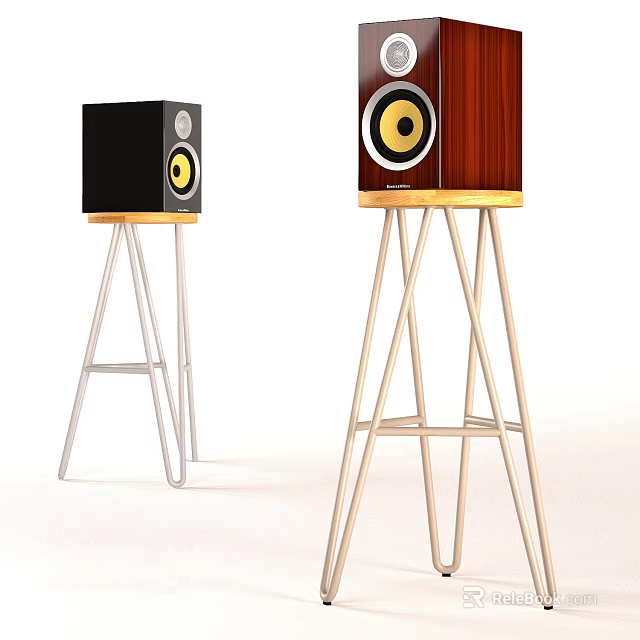 Black and Wooden Speakers Displayed on Metal Stands with Yellow Accent Rings 3d model 