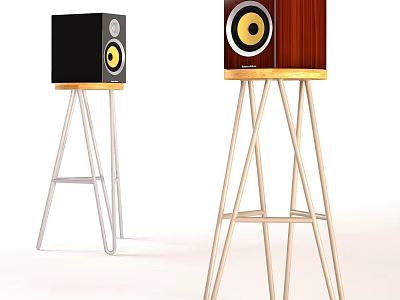 Black and Wooden Speakers Displayed on Metal Stands with Yellow Accent Rings 3d model