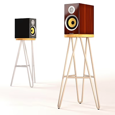 Black and Wooden Speakers Displayed on Metal Stands with Yellow Accent Rings 3d model