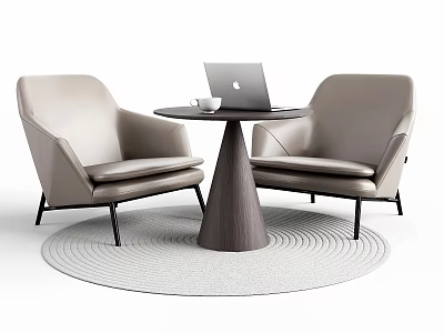 Beige Armchairs And Round Table Set With Laptop Cup On Circular Rug 3d model