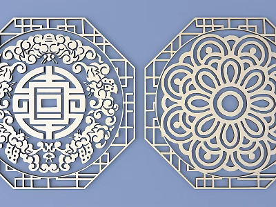 Traditional Chinese Carving Decorative Panels With Octagonal Frame Floral Patterns Double Happiness Character And Grapes 3d model