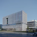 Modern Office Building With Glass Curtain Wall Landscaped Surroundings And Pedestrians Outside