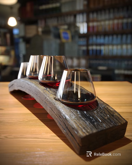 Wooden Arc Shaped Decorative Set With Transparent Glass Cups And Red Wine On Tabletop 3d model 