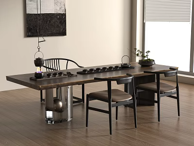 Modern Long Tea Table And Chairs With Tea Set Green Plant Natural Light 3d model