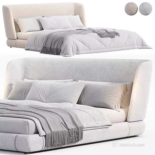 Modern Upholstered Double Bed With Soft Headboard Gray Blanket And Fringe Linen 3d model 