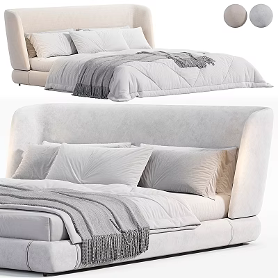 Modern Upholstered Double Bed With Soft Headboard Gray Blanket And Fringe Linen 3d model
