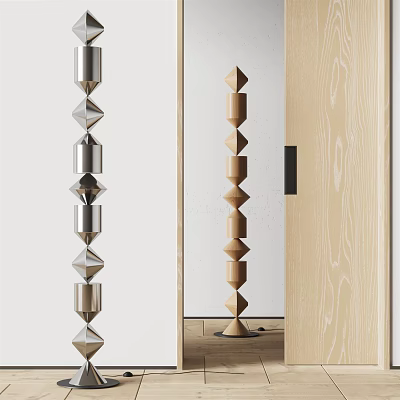 Indoor Columnar Sculptures Featuring Silver Metal And Wooden Carvings With Diamond Shaped Cylindrical Stacked Design 3d model