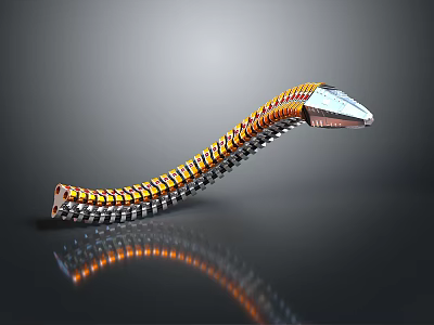 Mechanical Snake Device With Orange Silver Segments Curved Structure And Head Tail Design 3d model