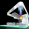 Modern Exhibition Booth With White Curved Roof Colorful Light Column Green Base And Display Tables