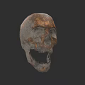 Rusted Metal Skull Sculpture With Detailed Carving Weathered Texture And Grayed Brown Surface