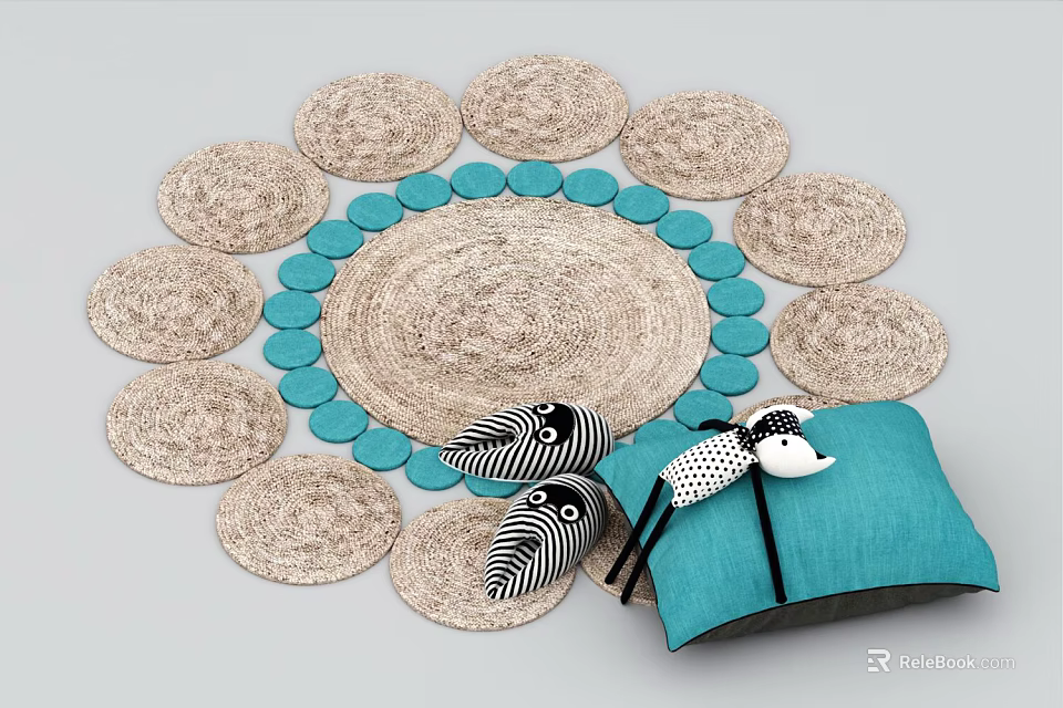 Round Woven Carpet in Natural Color with Turquoise Cushion and Black White Striped Decor 3d model 