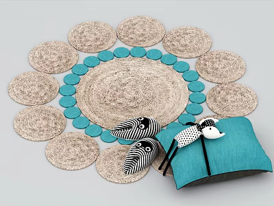 Round Woven Carpet in Natural Color with Turquoise Cushion and Black White Striped Decor 3d model