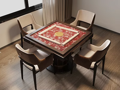 Elegant Square Dining Table With Four Chairs And Red White Design On Wooden Floor 3d model