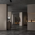 Modern Restaurant Interior With Gray Walls Wooden Cabinets Vase Warm Lighting And Tile Floor