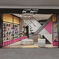 Bright Pink And Black Shoe Store Interior With Display Shelves And White Seating
