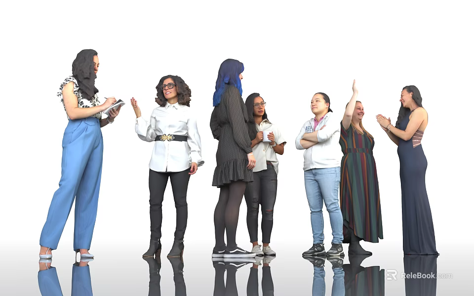 Group of Diverse Women Standing Together Interacting With Tablets And Raised Hands 3d model 