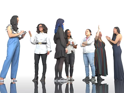 Group of Diverse Women Standing Together Interacting With Tablets And Raised Hands 3d model