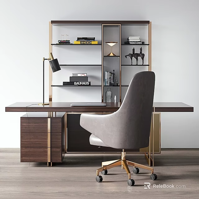 Gray Upholstered Accent Chair In Modern Luxury Office With Wooden Desk And Brass Bookshelf 3d model 