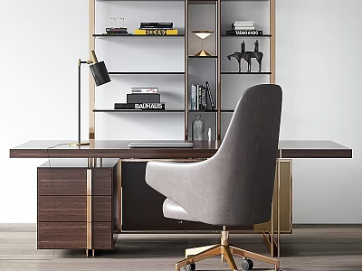 Gray Upholstered Accent Chair In Modern Luxury Office With Wooden Desk And Brass Bookshelf 3d model