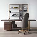Gray Upholstered Accent Chair In Modern Luxury Office With Wooden Desk And Brass Bookshelf