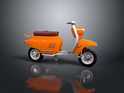 Classic Vintage Orange Scooter With Brown Seat Silver Body And Black Wheels 3d model