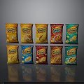 CRUNCHY Potato Chips with Various Flavors in Colorful Packaging Neatly Arranged
