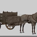 Brown Horse Pulling Ancient Wooden Cart With Large Wheels And Structure